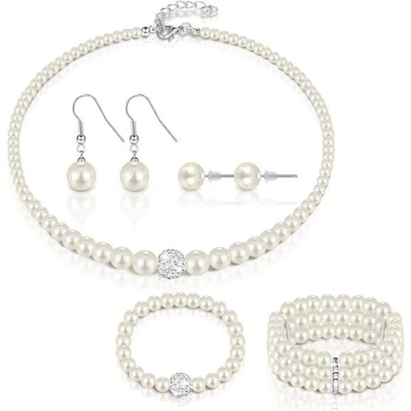 Pearl Rhinestone Jewelry Set for Women Pearl Necklace Bracelet Earrings set - Picture 1 of 6